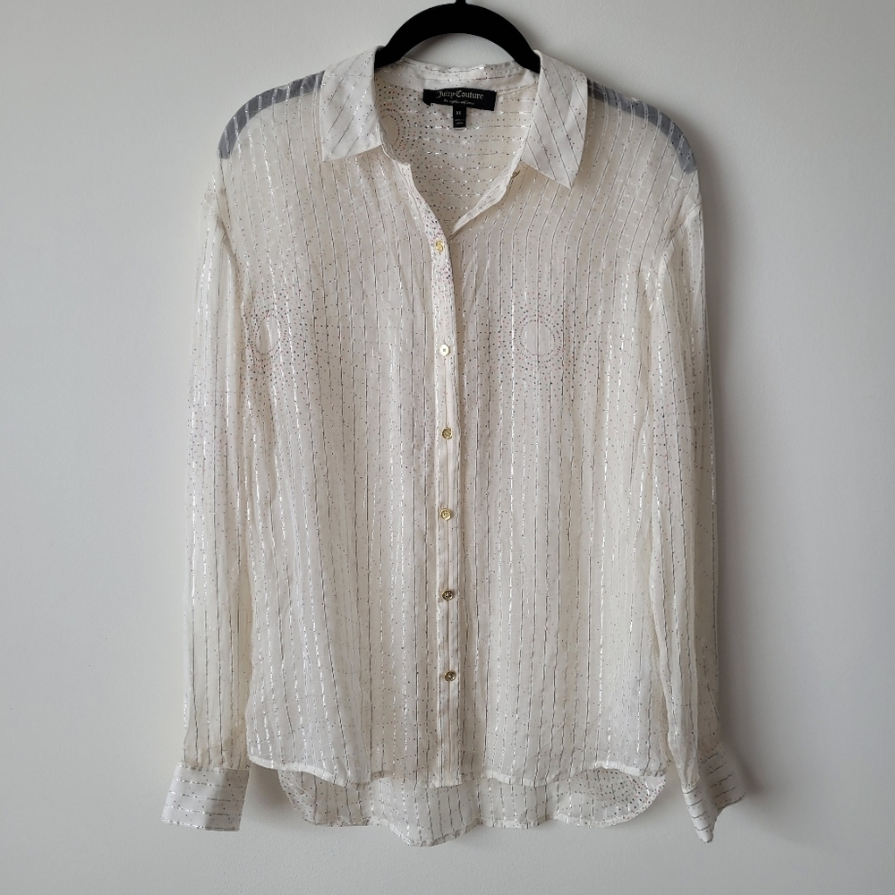 JUICY Couture Silk Button Down Shirt Sheer w Metallic Fiber Pinstripes XS